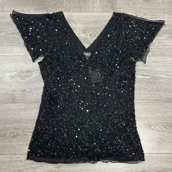 NWT Adrianna Papell Silk V-neck Sequin Flutter Sleeve Evening Dazzling Winds L - Picture 4 of 14